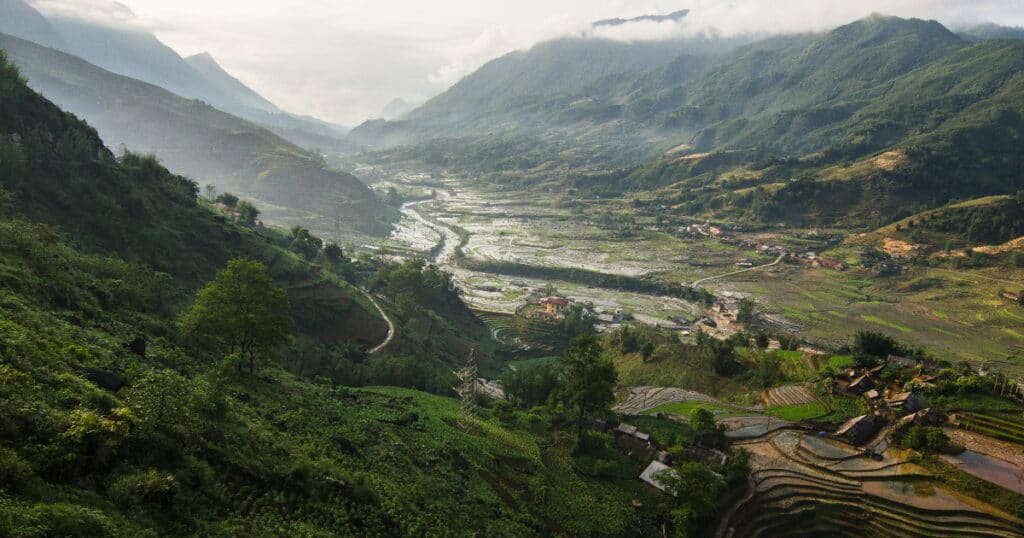 Scenic rice terraces and mountains found when trekking in Northern Vietnam with Discova