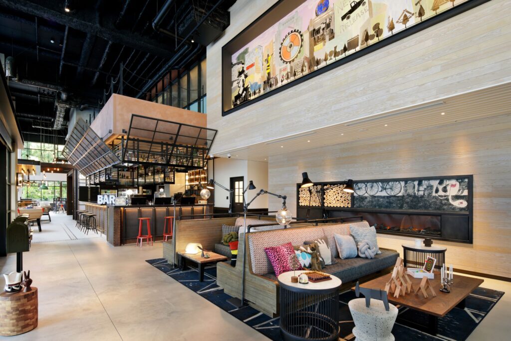 Moxy lobby and bar area