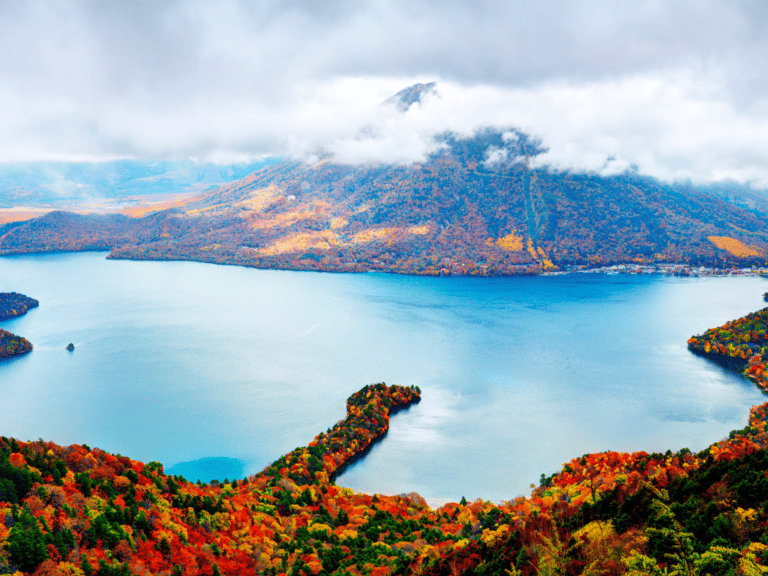 Mt Nantai and Lake Chuzenji during autumn in Nikko, Japan