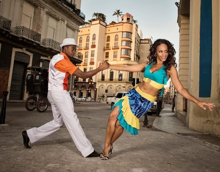 Salsa dancers Indira Mora and Lazaro David Ramirez of Rakatan dance company photographed in a small side street close to Prado in Havana